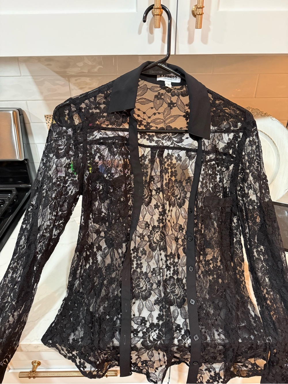 Express Black Lace Button-Front Sheer Shirt